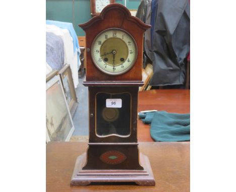 19th CENTURY CASED MANTLE CLOCK IN THE FORM OF A LONGCASE CLOCK WITH GILT AND ENAMELLED CIRCULAR DIAL, APPROXIMATELY 44cm HIG