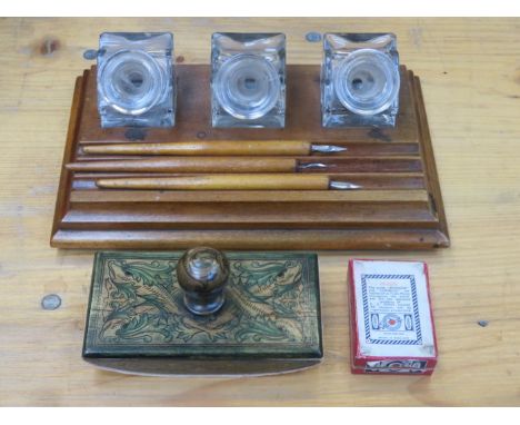 VINTAGE WOODEN INKWELL, DESK STAND WITH INKWELLS AND BLOTTER 