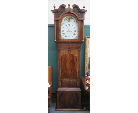 19th CENTURY MAHOGANY LONGCASE CLOCK WITH HANDPAINTED AND ROLLING MOON DIAL, GILDED FINGERS AND DECORATIVE PAINTED BLACK PANE