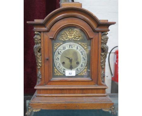 GOOD QUALITY OAK AND MAHOGANY CASED BRACKET CLOCK WITH ORMOLU MOUNTED DIAL, SIDES AND RAISED SUPPORTS 