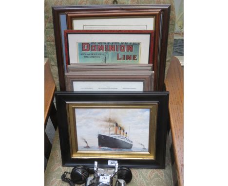 FRAMED DOMINION LINE POSTER, FRAMED TITANIC CERAMIC PANEL AND VARIOUS FRAMED PRINTS 