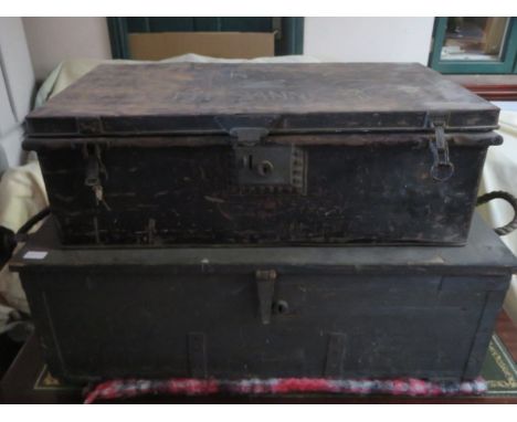 VINTAGE WOODEN TOOL CHEST CONTAINING TOOLS AND METAL CHEST CONTAINING TOOLS 