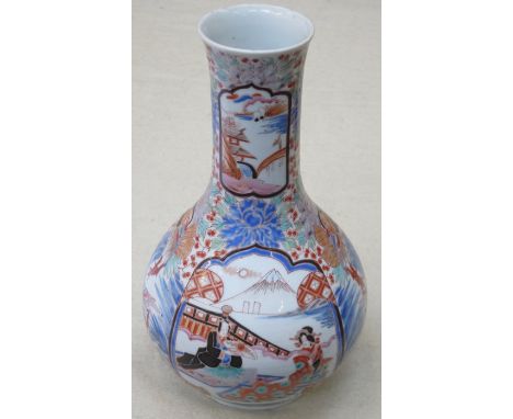 19th CENTURY HANDPAINTED CERAMIC VASE DECORATED WITH ORIENTAL SCENES AND MYTHICAL BIRDS, CHARACTER MARKS TO BASE, APPROXIMATE