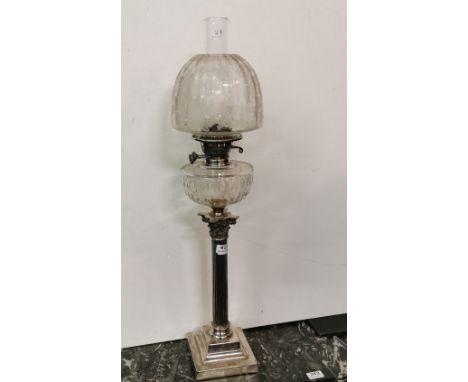 Antique Silver Plated Table Oil Lamp – Corinthian column base with a thumb pressed oil bowl and an etched shade (80cmH)