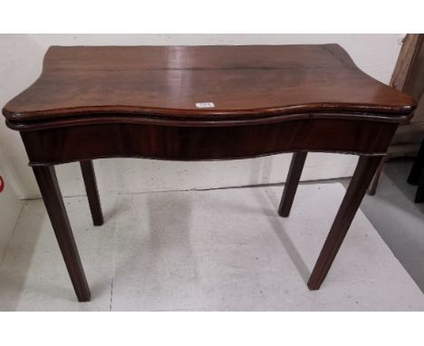 WMIV Mahogany Foldover Card Table, on square legs, shaped front, opening to a green baize, 92cm w x 90cm d