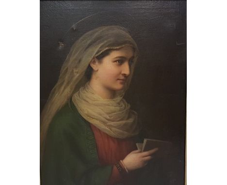 19th C Oil on Canvas, portrait of a female saint wearing a gold rimmed white shawl and green cloak, signed MONAK HUGERNE, 188