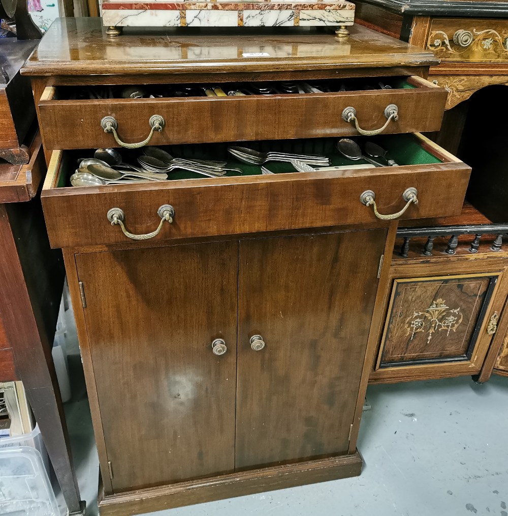 Mahogany cutlery canteen with 3 drawers above 2 flush panelled
