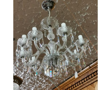 Large cut glass Chandelier, 8 branches with faceted crystal droplets and ribbed branches, bright cut, with chrome ceiling fit