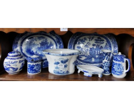 Shelf of blue and white semi-porcelain items – 2 meat plates, ginger jar, vase and jug etc