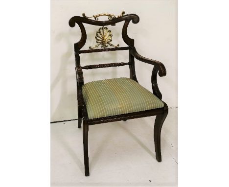 Mahogany Carver Armchair, with brass top rail and central panel, stripped seat