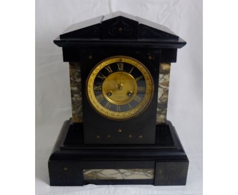 Black marble Mantel Clock, stamped LEIGHTON, PARIS, with a black dial and gold numerals and grey marble inlay (the works stam