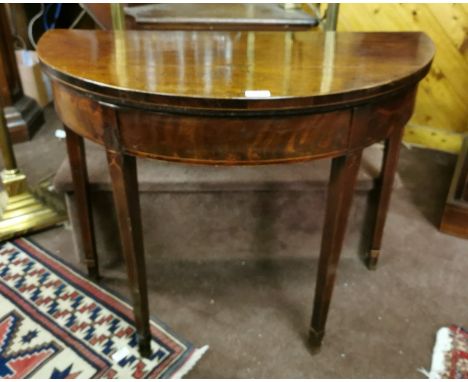 19thC Demi-Lune Mahogany Foldover Card Table, on tapered legs with line inlay, brass toes, 92cm w x 90 cm d