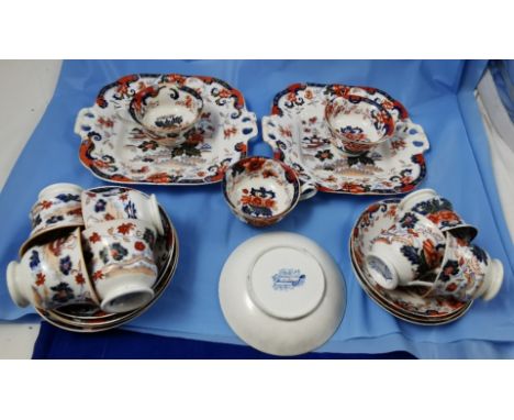 19thC Imari Teaset, handpainted – incl. 10 cups, 8 saucers, 2 cake plates – “Amherst, Japan”