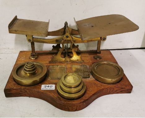 Brass Parcel Post Weighing Scales with ½ oz - 4lb weights, on an oak base
