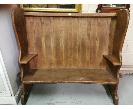 Antique Oak Settle Bench, with a panelled back and dovetailed supports, 129cmW x 118cmH
