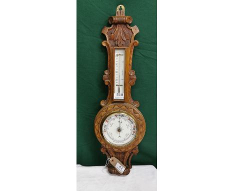 Light Oak cased Aneroid Barometer &amp; Thermometer, 62cm h