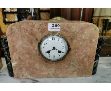 Art Deco Marble Mantle Clock, 21cm x 38cm, a red marble case with oval-shaped green side panels, strikes on a bell 