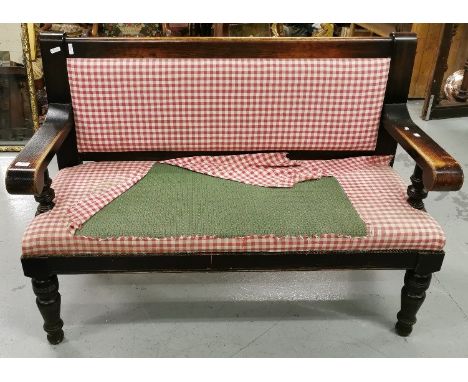 Early 20thC oak Bench with padded back &amp; seat on turned legs, 138cm w x 102cm h