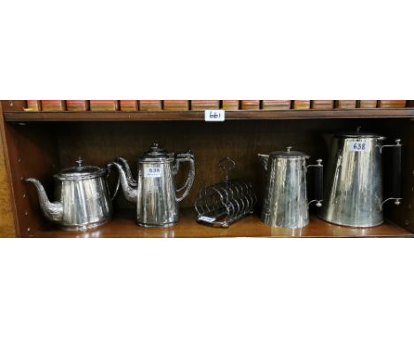 3 Piece Elkington Plate Tea / Coffee Set and 2 large plated Tea Pots, Walker &amp; Hall Toast Rack (6)