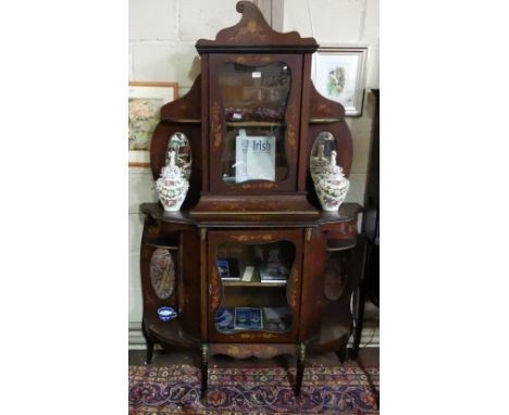 Edwardian Mahogany Chiffonier, inlaid with floral detail, a display with a central glass door above a base with door enclosin