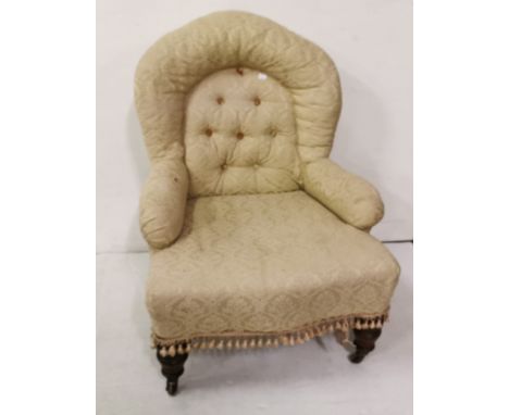 Low Victorian Easy Armchair, turned legs, beige fabric, button back