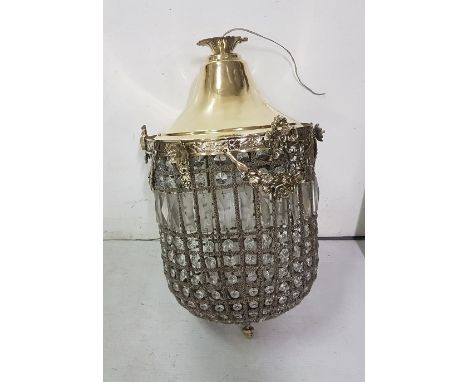 Basket Shaped Ceiling Light with glass beads and silvered wirework to the frame, with a polished brass top and decorative swa