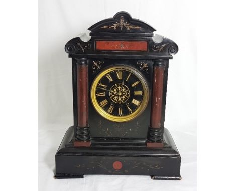 Tall black marble Mantel Clock, with red marble doric columns, a black dial with gold numerals, 42cm x 32cm