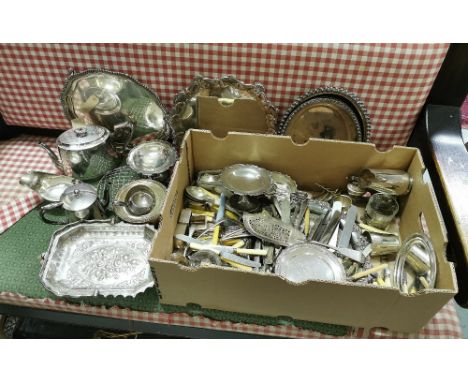 Box of Silver Plate Ware – entrée dishes with lids, teapot, sauceboats, cutlery etc