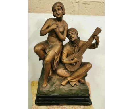 Early 20thC Painted Plaster Statue Group – labelled “Serenade par Cipiani” 1880 – 1960, Au No 392, Tres Bunetat – featuring a