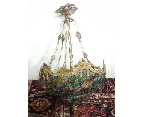 Colourful Basket Shaped Glass Ceiling Light, on a brass frame, 48cm Dia x 85cmH (including fixed brass rose) (with an option 