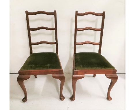 Set of 6 x 1980’s Teak Dining Chairs, with waved ladder backs, green covered removeable padded seats
