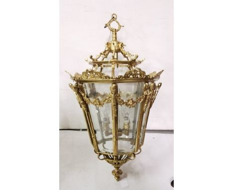 Regency Style Brass Hall Lantern (electric) (4 light connections inside), 24”h x 14” w 