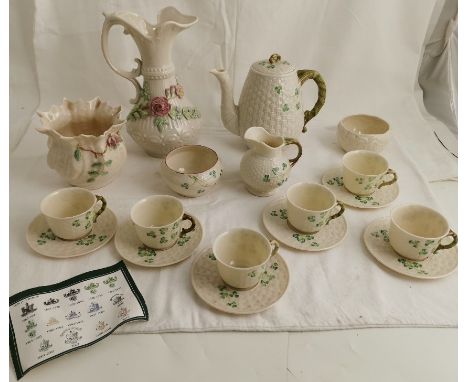 Group of Belleek Ware/items 1960-1990, incl. a 6-piece coffee set, teapot, sugar bowl &amp; cream jug, all with a shamrock de