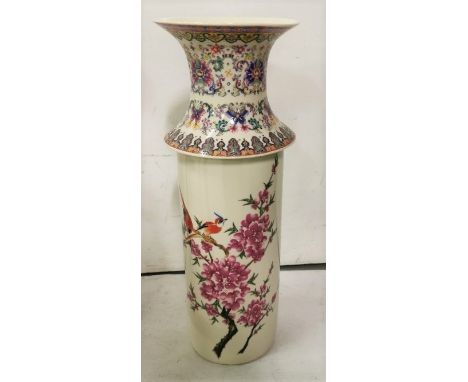 Tall Japanese Ceramic Vase, painted with flowers and birds, narrow neck design, 46cmH x 17cmDia