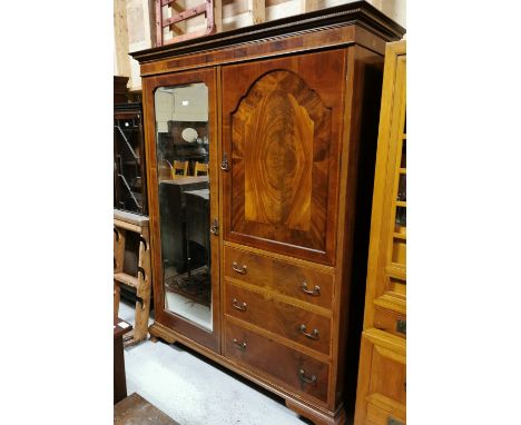 Edw. Mahogany Wardrobe, with a mirrored door and a polished flame panelled door enclosing a shelf, over 4 drawers, 148cmW x 2