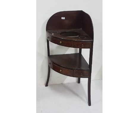 Georgina Mahogany corner washstand with raised gallery &amp; bowl well, stretcher shelf with drawer, inlaid, sabre legs, 100c