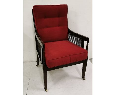 Late 19thC Mahogany Bergere Armchair on sq tapering front supports, button red fabric cushions