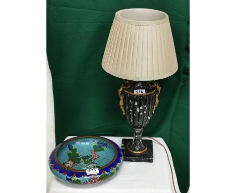 &nbsp;Black Marble Table Lamp with gilt handles and a shade &amp; a Closionne Bowl