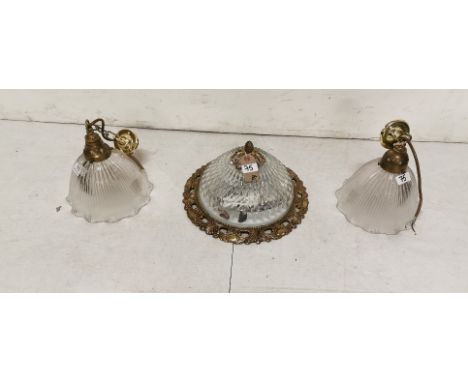 Matching Pair of ridged Glass Ceiling Lights &amp; a basket shaped ceiling light (3)