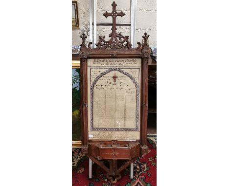 Pitch Pine Gothic Style Church Offering Frame with shelf, mounted with a cross, 1.56 h x 58cm w 