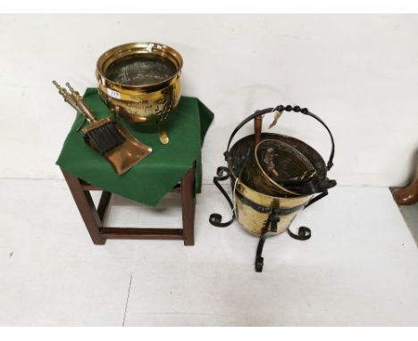 Brass Jardiniere in stand and a brass Coal Bucket with iron mounts and fire tool contents (2)