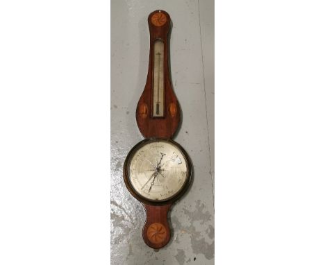 Aneroid Barometer in an inlaid mahogany case, the face stamped “Pelligrino, London”, damaged glass front
