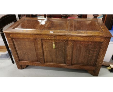 Edwardian Oak 3 Panel Coffer, with similar hinged lid, on raised square feet, 1.2m w x 64cm h x 54cm d