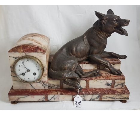 French Mantel Clock in a beige and red stepped marble base, strikes on bell, with large mounted seated brown dog, the dog col