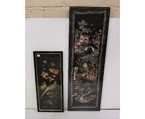 2 Japanese Pictures incl. a floral embroidered silk panel (framed) &amp; an embroidered collage of birds and flowers (2)