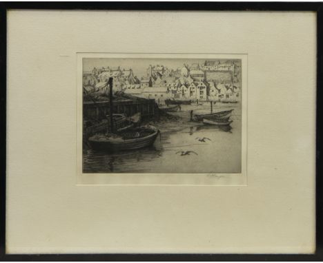 * GERTRUDE HAYES (BRITISH 1872 - 1956), HARBOUR SCENE etching on paper, signed in pencil 16cm x 22cm Mounted, framed and unde