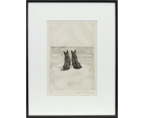 MARGUERITE LOUISA KIRMSE, TWO DOGS BY THE SHORE etching on paper, signed and inscribed WE in pencil 21cm x 16cm Mounted, fram