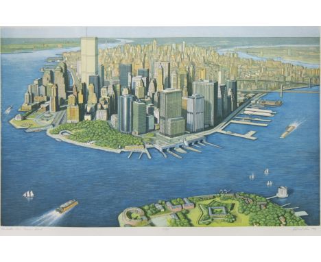 RICHARD JOHN HAAS (USA b 1936 - ), MANHATTEN VIEW, GOVENORS ISLAND hand coloured etching, signed, titled and 12/85 in pencil 