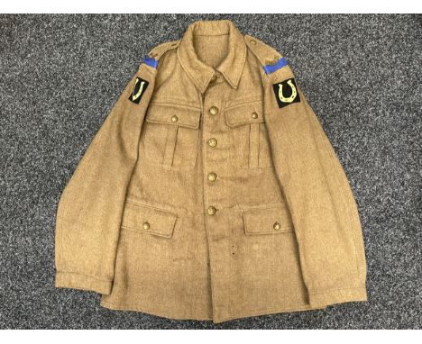 WW1 British Other Ranks Service Dress Jacket with Middlesex Regiment brass shoulder titles, Blue Company slip on's, 37th Infa