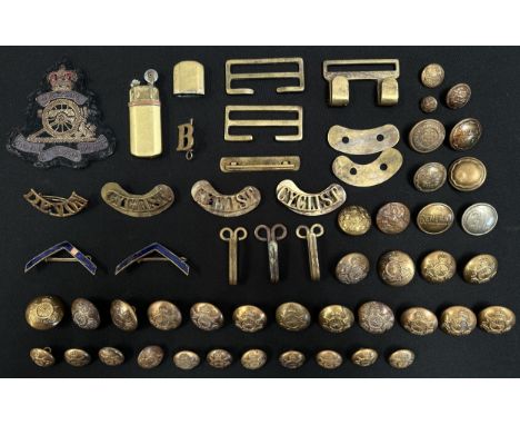 WW1 British Army Cyclist Corps brass shoulder titles x3, Devons brass shoulder title, brass wound stripe, two blue enamel ser